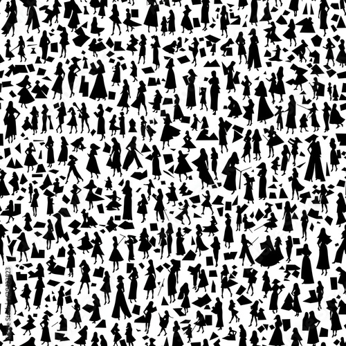 Black and white seamless pattern of human figures. AI generated.