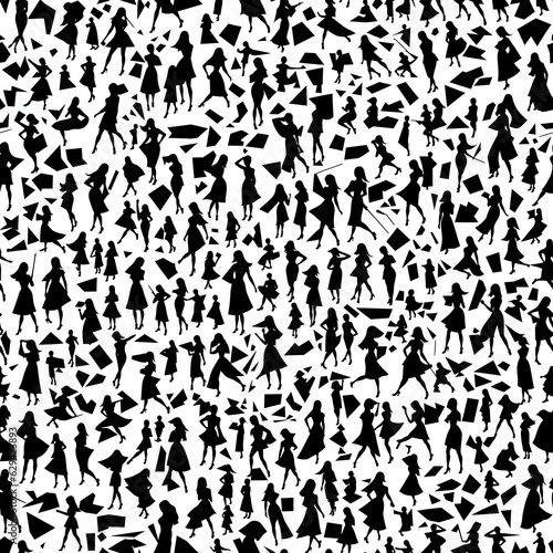 Black and white seamless pattern of human figures. AI generated.