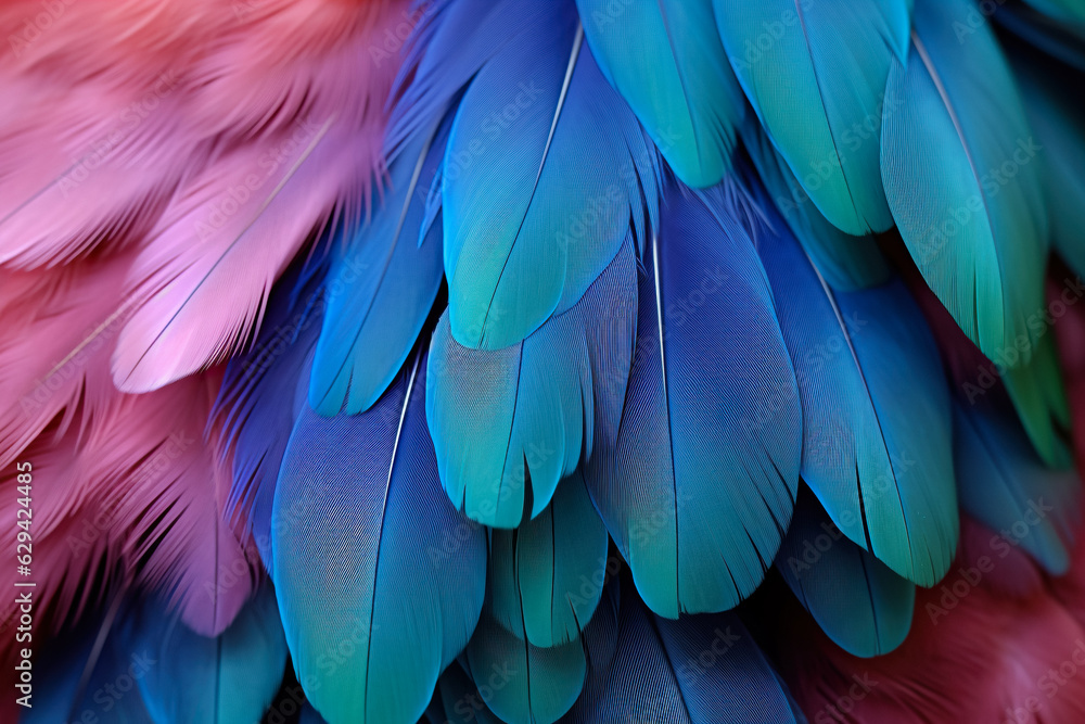 Fototapeta premium Colorful Feather Background Texture. Vibrant, Artistic Design with Exotic Wing Details – Ultra-Realistic and Elegant. Generative AI.