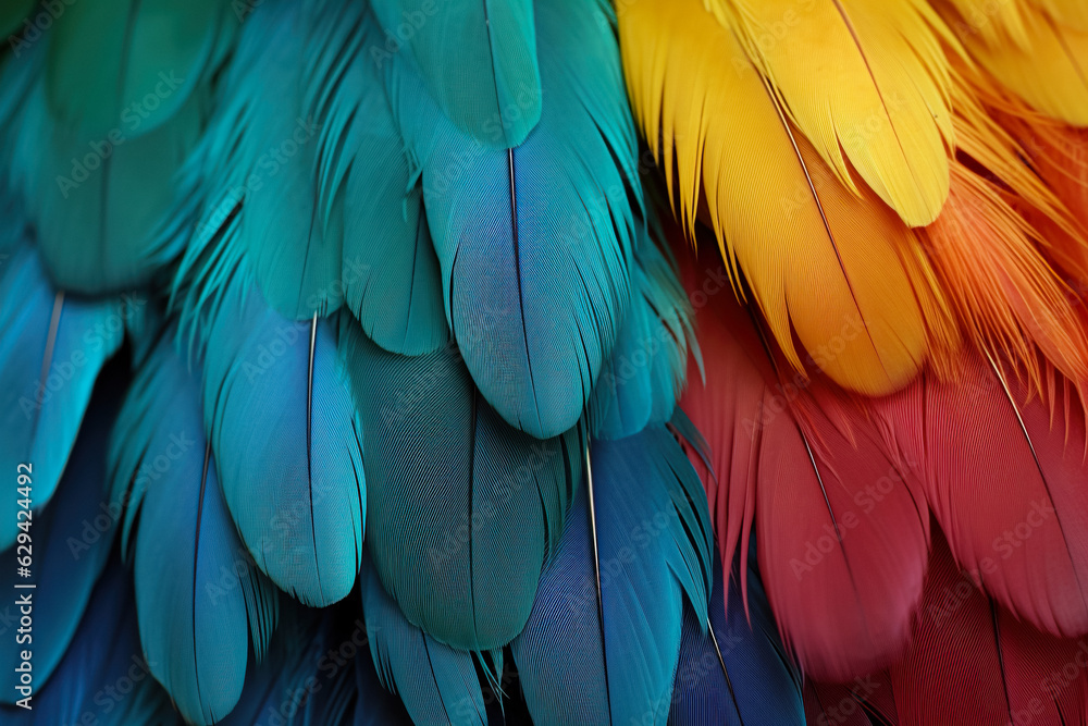 Fototapeta premium Colorful Feather Background Texture. Vibrant, Artistic Design with Exotic Wing Details – Ultra-Realistic and Elegant. Generative AI.