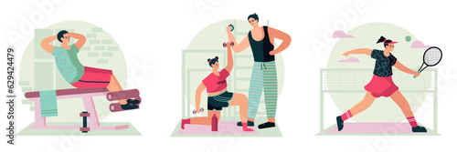 Man doing abs in the gym. Couple training together. Young lady playing tennis. Sporty and healthy lifestyle. Concept of doing workout. Vector flat illustration in green and red colors in cartoon style
