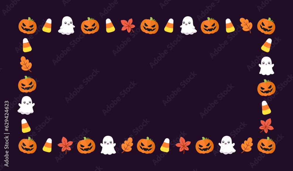 Cute Rectangle Halloween frame template. Rectangular Halloween border with cartoon ghost, jack o lantern, pumpkins, candy corn. Social media banner vector illustration