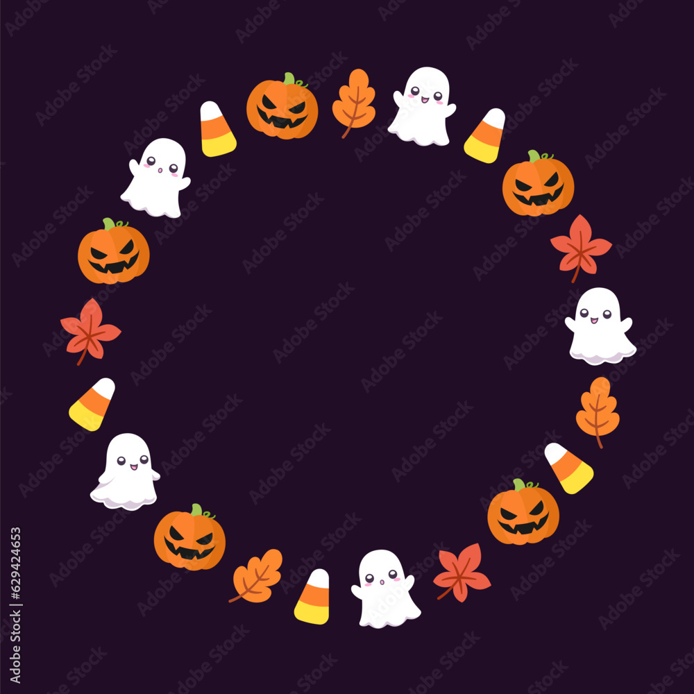 Round Halloween frame border design with cartoon ghost, jack o lantern, pumpkins, candy corn. Cute Halloween card doodles. Vector Halloween illustrations Round Halloween frame border design with cartoon ghost, jack o lantern, pumpkins, candy corn. Cute Halloween card doodles. Vector Halloween illustrations