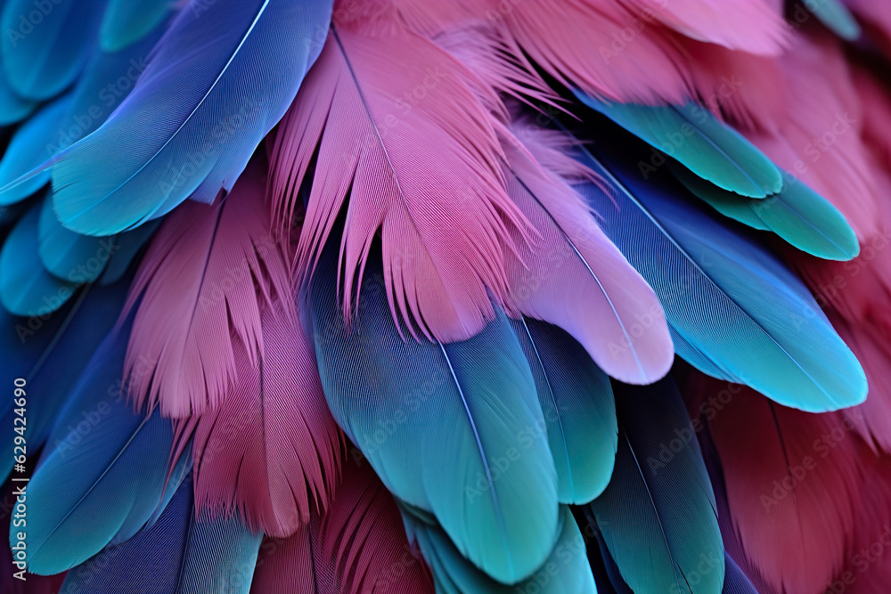 Fototapeta premium Colorful Feather Background Texture. Vibrant, Artistic Design with Exotic Wing Details – Ultra-Realistic and Elegant. Generative AI.
