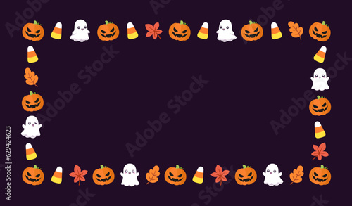 Cute Rectangle Halloween frame template. Rectangular Halloween border with cartoon ghost, jack o lantern, pumpkins, candy corn. Social media banner vector illustration