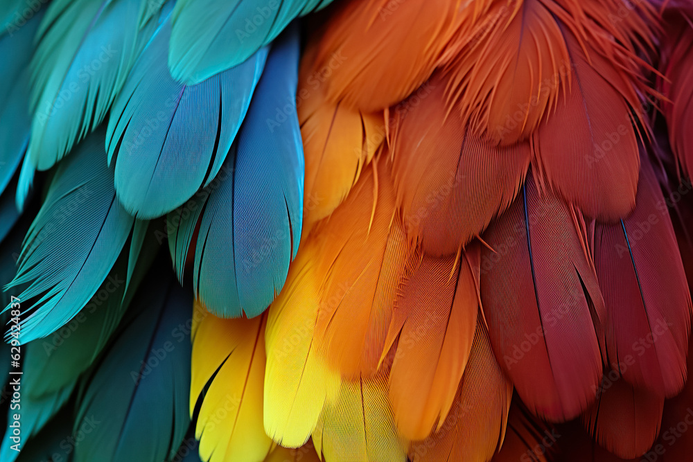 Fototapeta premium Colorful Feather Background Texture. Vibrant, Artistic Design with Exotic Wing Details – Ultra-Realistic and Elegant. Generative AI.