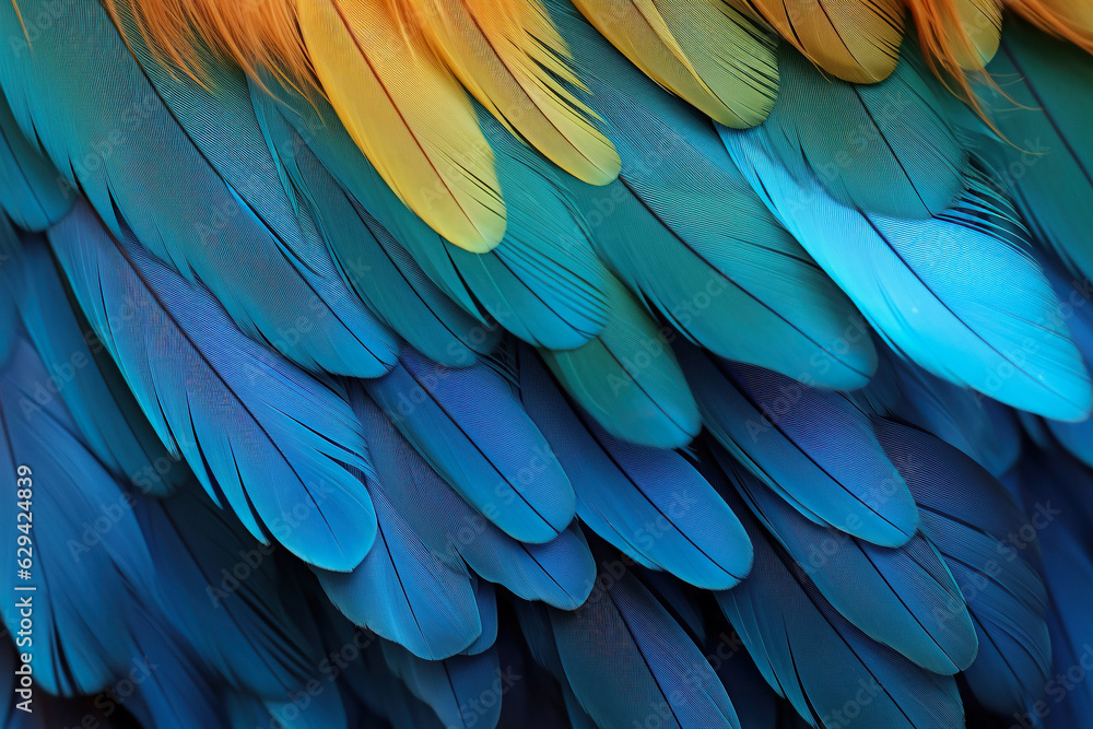 Obraz premium Colorful Feather Background Texture. Vibrant, Artistic Design with Exotic Wing Details – Ultra-Realistic and Elegant. Generative AI.