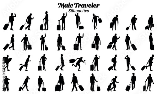 Set of male traveler silhouette vector illustrations carrying suitcases