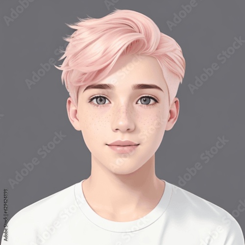 A gentle and compassionate boy with wavy pastel pink hair and freckles.