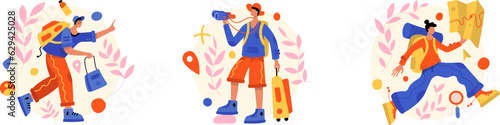 Young male with backpack traveling. Male holding binoculars and trolley bag and searching for right location. Lady running with map. Finding route while traveling. Flat vector illustration