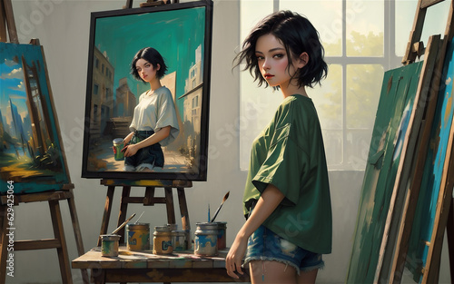 Illustration of beautiful painter girl with dark hair Beautiful girl with black hair and tshirt