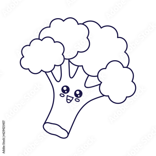 Cute Kawaii Broccoli Cabbage cartoon kids illustration. Food vegetable outline line art illustration. Broccoli character, mascot in Doodle style. Kids Coloring book
