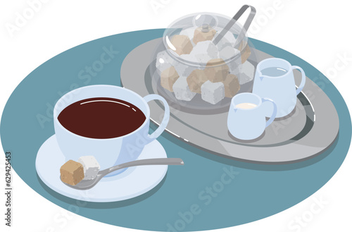 コーヒーとお砂糖とミルクのアイソメトリックベクターイラスト