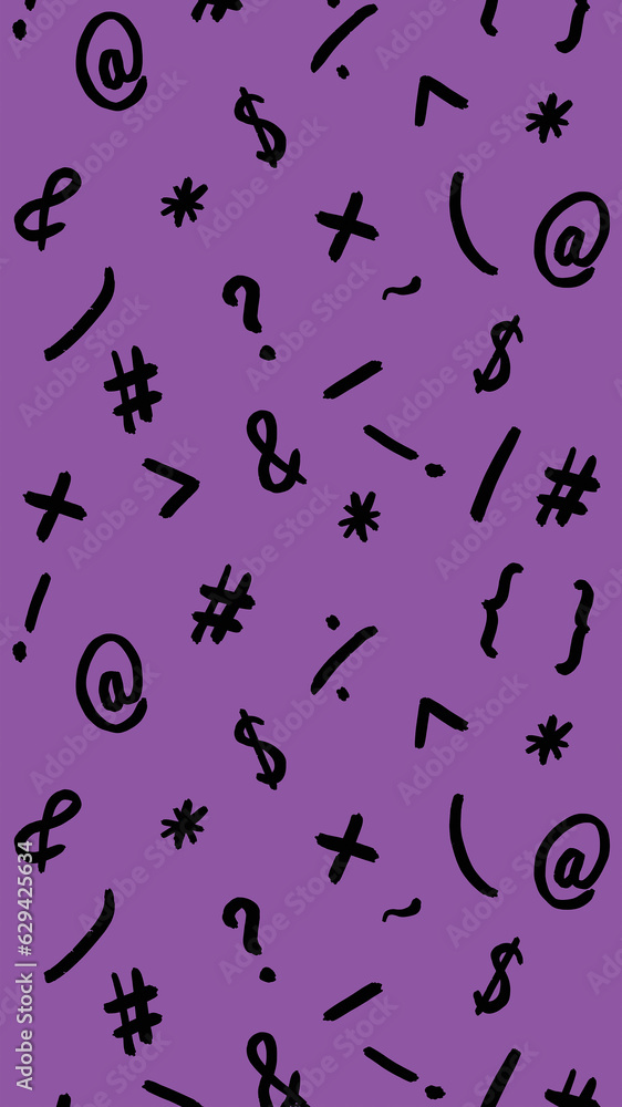 pattern with the image of keyboard symbols. Punctuation marks. Template for applying to the surface. violet purple background. Vertical image. pattern with the image of keyboard symbols. Punctuation marks. Template for applying to the surface. violet purple background. Vertical image.
