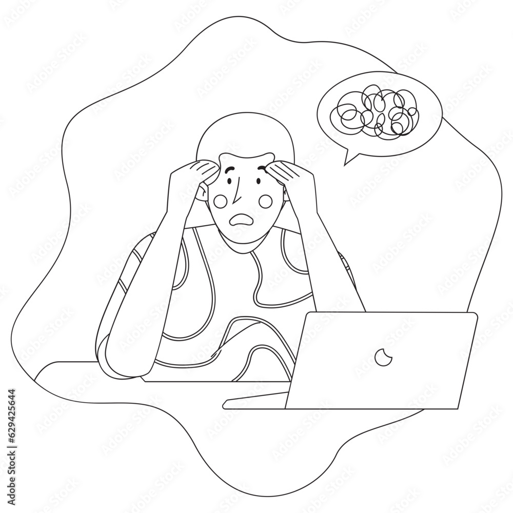 Boy Has Work Pressure Mental Health 2D Outline Illustrations Boy Has Work Pressure Mental Health 2D Outline Illustrations