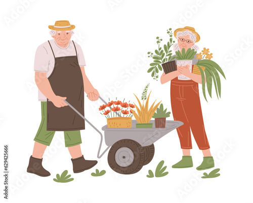 Cartoon grandparents happily spend time together in the garden, cart with pots of flowers and plants vector illustration