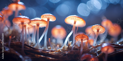 Mushrooms In The Dark With Moss In The Background, Night Mushrooms, Luminous backlit glowing forest mushroom neon light,GENERATIVE AI