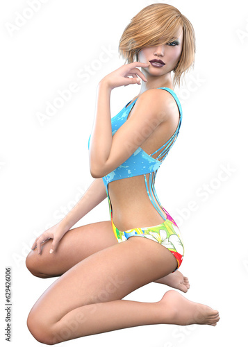 3D Girl in blue monokini