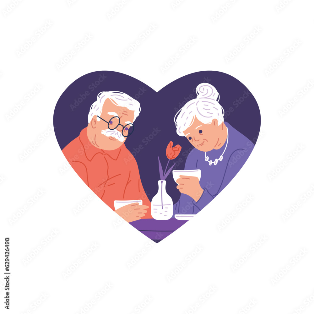 Cartoon grandparents sit at the table and drink, happily spend time together lovely vector illustration in heart shape Cartoon grandparents sit at the table and drink, happily spend time together lovely vector illustration in heart shape