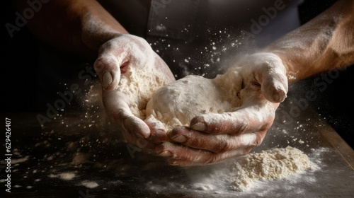 Splashes of flour, male hands knead the dough. Prepare bread and pastries. Dark background, space for text
