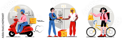 American man drive scooter, delivery products to clients. Courier giving ordered product to man. Female deliver bag by bike. Delivery methods. Flat vector illustration in cartoon style