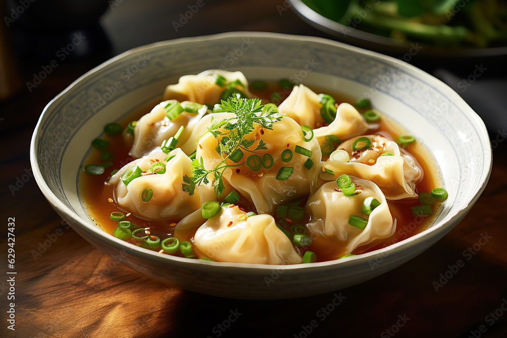 Delicious Chinese wonton soup with pork or chicken dumplings in a tasty broth, Generative AI. Delicious Chinese wonton soup with pork or chicken dumplings in a tasty broth, Generative AI.