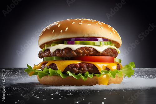 food photography , studio photography , welldone burger patty ,focus on the delicious patty, vibrant toppings, Burger King's style, vegetables, vivid natural colors , natural features Generative AI photo
