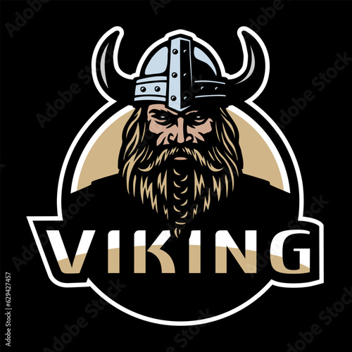 Viking warrior in a helmet with horns on a dark background. Vector illustration.
