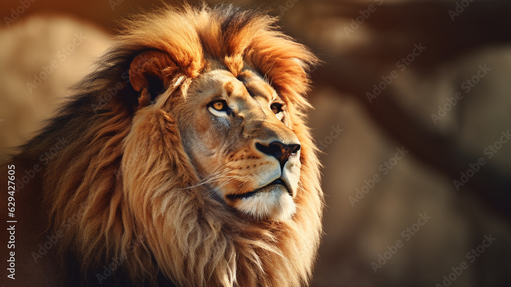 A realistic close-up shot of an amazing lion. In a moment of intimate closeness, this photo captures the power and beauty of this beast in all its depth.
