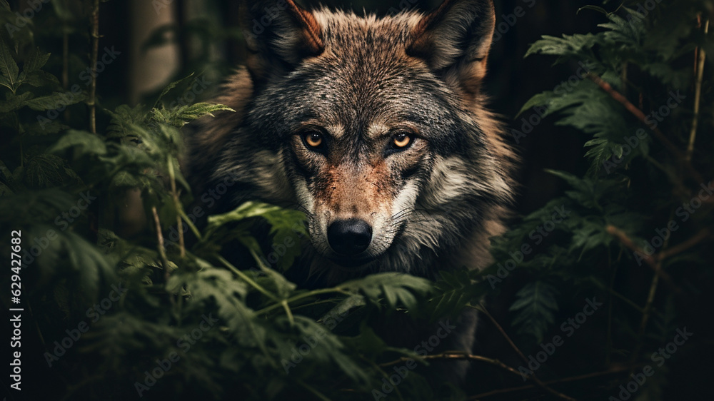 realistic close up shot of wolf in big forest
