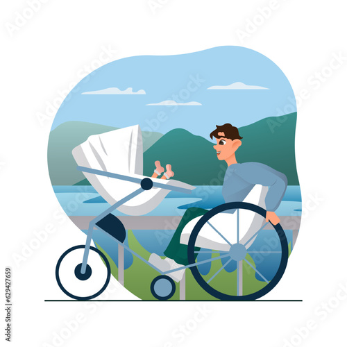 Happy dad on wheelchair carrying stroller with small child. Parent with disability. Daily life of human with special needs concept. Flat vector illustration in cartoon style