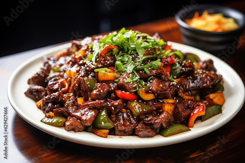 Delicious Chinese Szechuan beef served with rice. Generative AI