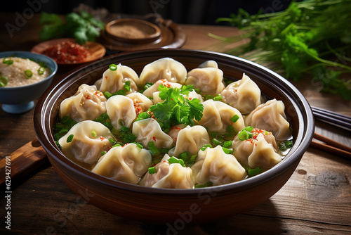 Delicious Chinese wonton soup with pork or chicken dumplings in a tasty broth. Generative AI. photo