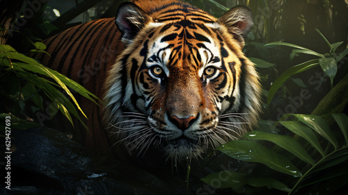 A realistic photo of a tiger in the wilderness. In a moment that seems both natural and wild  this tiger is seen standing tall among the dense trees  reflecting the grace and strength of this beast. 