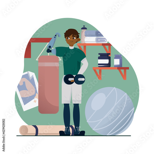 Young boy with prosthetic arm holds kettle bell and performing exercises for arm muscles in gym. Active life for people with injuries. Flat vector illustration in cartoon style
