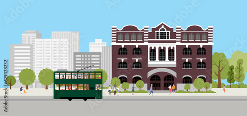 Hong Kong street view, graphical illustration, hong kong, tram, old building photo