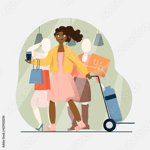 African female walks around shopping center and carries an oxygen concentrator. Adaptation of people with injuries to normal life. Flat vector illustration in cartoon style