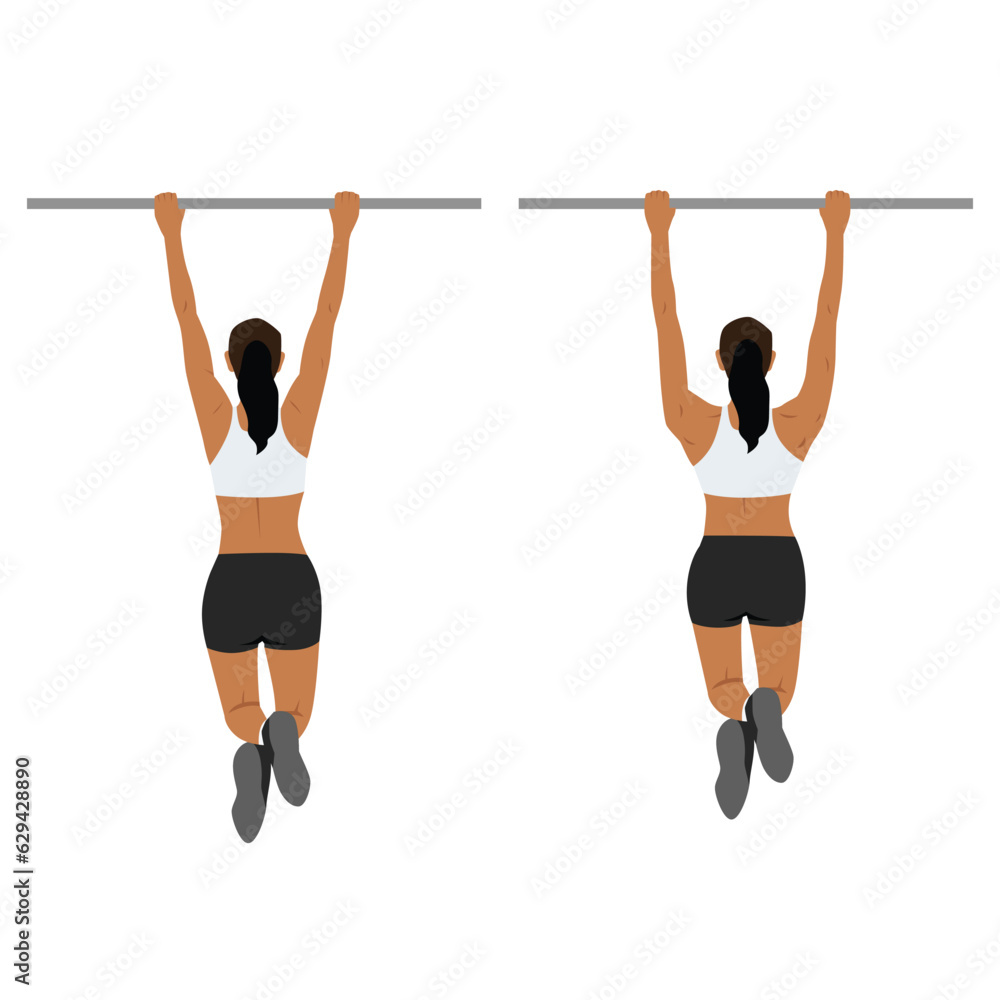 Woman doing scapula pull or scap pulls or pull up exercise. Flat vector illustration isolated on white background Woman doing scapula pull or scap pulls or pull up exercise. Flat vector illustration isolated on white background