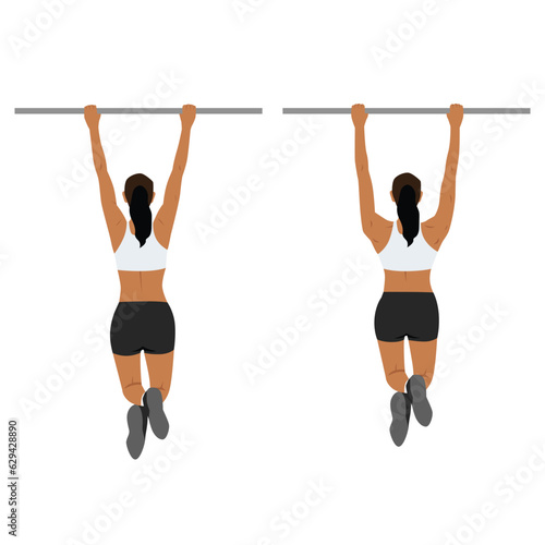 Woman doing scapula pull or scap pulls or pull up exercise. Flat vector illustration isolated on white background