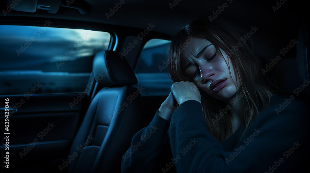 photograph of woman is alone in car at the night. She is stressed and crying