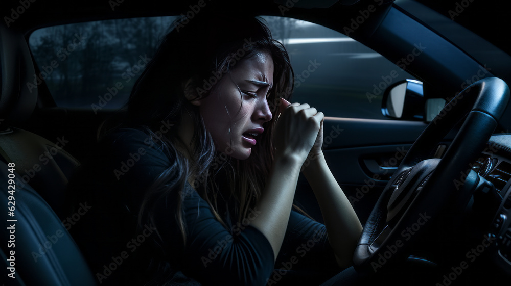 photograph of woman is alone in car at the night. She is stressed and crying