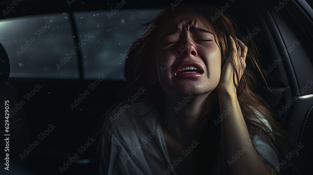 photograph of woman is alone in car at the night. She is stressed and crying photograph of woman is alone in car at the night. She is stressed and crying
