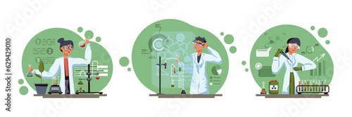 Set of different people in white uniform working in laboratory. Women doing research with test tubes. Production of substances in laboratory. Flat vector illustration in green colors