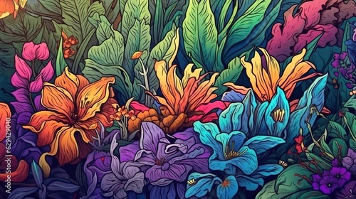 Colorful garden plants . Fantasy concept , Illustration painting.