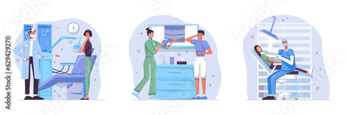 Set of different patients consulting with dentist in hospital. Surgeon talk with female with acute toothache. Nurse looking at dental x-ray. Flat vector illustration in cartoon style