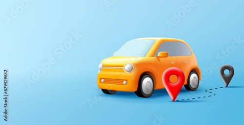 Photo Cute cartoon yellow car illustration, 3d render with pins and route planned, dig