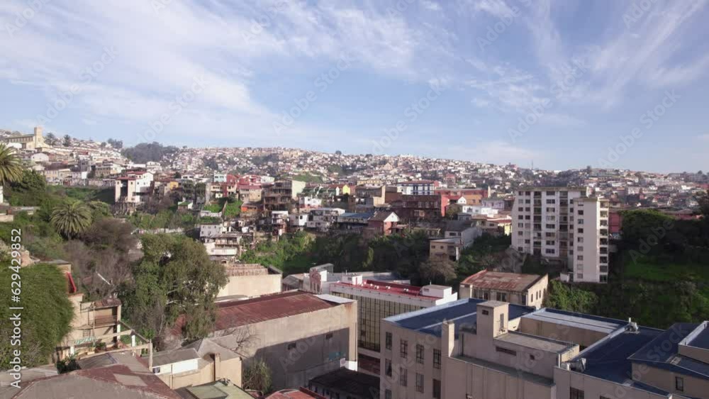 Aerial View Of Valparaiso Cityscape Rooftops. Push Forward Shot Aerial View Of Valparaiso Cityscape Rooftops. Push Forward Shot