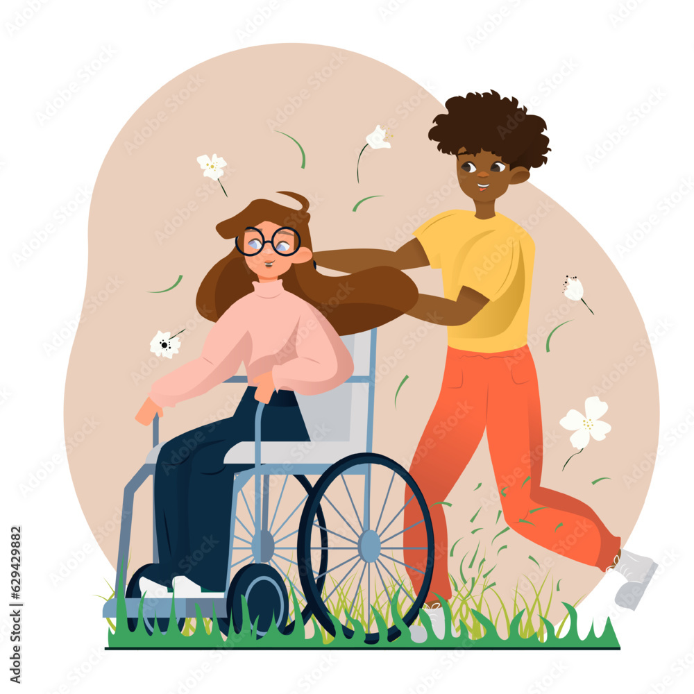 Happy young lady carry female friend on wheelchair in park. Friends walking together outside. Support for disabled person. Vector flat illustration in cartoon style