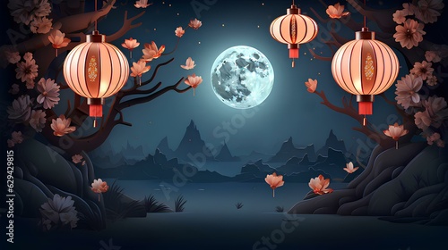 Fotografie, Obraz Mid Autumn Festival Chinese lantern, cherry blossoms, and full moon