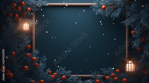 Christmas tree branches with fir cones, gold stars and beads on dark wooden background. Frame, berries, and lanterns. Christmas and New Year's atmosphere.  Generative AI